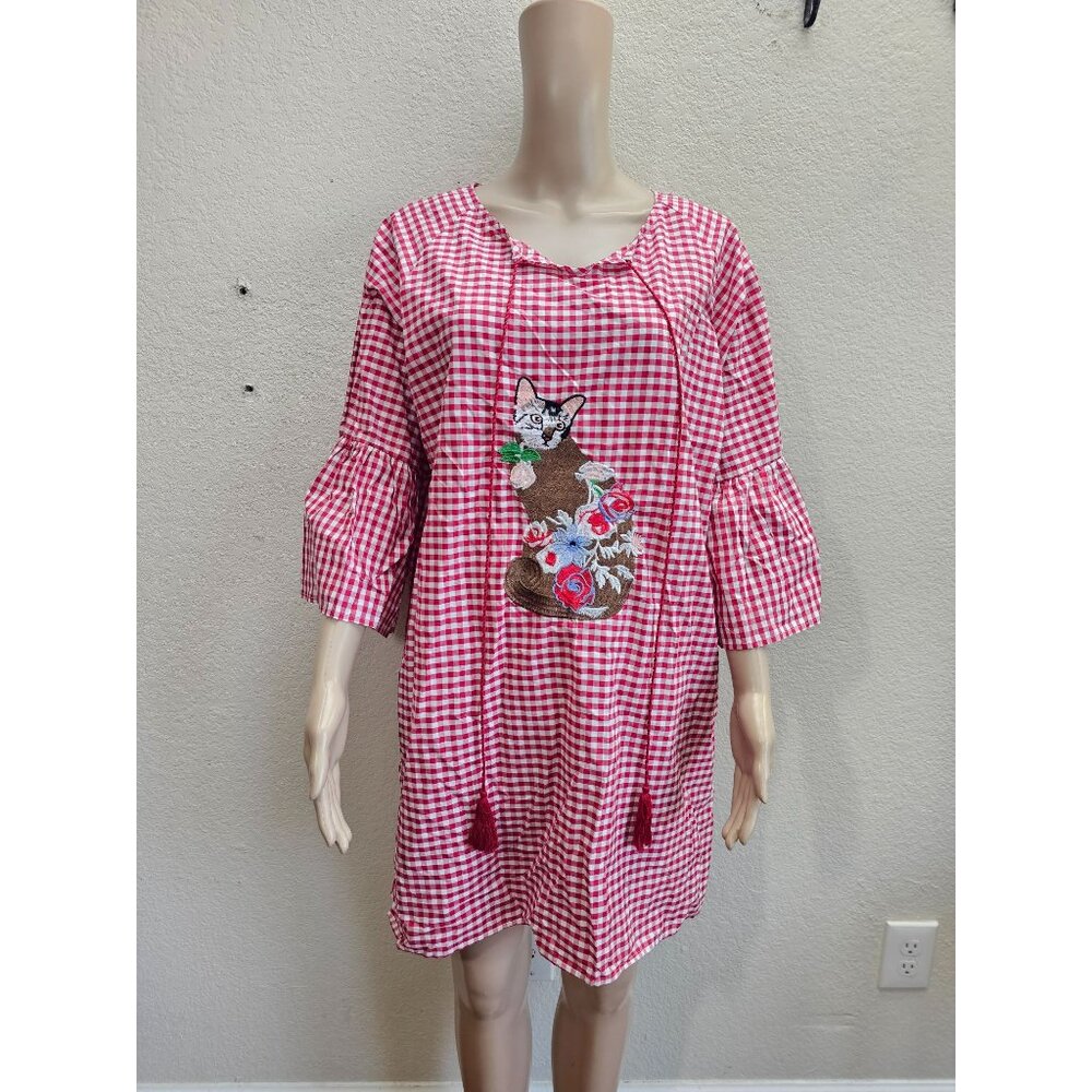 LALA Embroidered Cat Gingham Tunic Dress Medium cottagecore